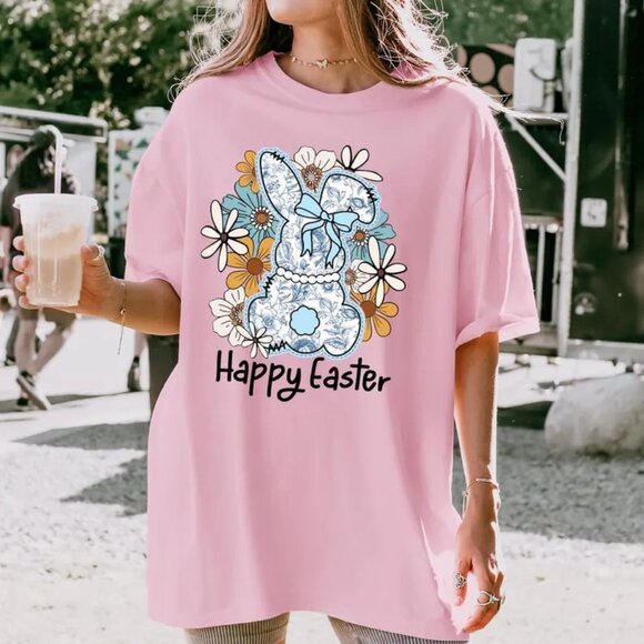 Tops - Floral Easter Bunny Tshirt, Happy Easter Shirt, Cute Gift For Easter